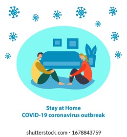 Stay at Home. Lettering COVID-19 coronavirus outbreak.  Coronavirus quarantine, respiratory virus concept. Vector illustration in flat style.
