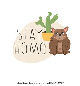 Stay home lettering text and cute fat pug puppy with cactus in pot on background. Safety, covid-19 corona virus prevention, quarantine and self isolation concept. Flat vector hand drawn illustration.