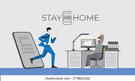 Stay at home lifestyle concept. The 
shocked man have work from home. Using computer while boss get through mobile screen for checking his job. Vector Illustration flat minimal style.