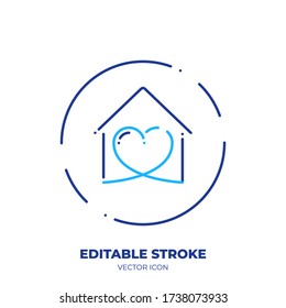 Stay home line art vector icon with editable stroke. Outline symbol of heart in house. Love pictogram made of thin stroke. Isolated on background.