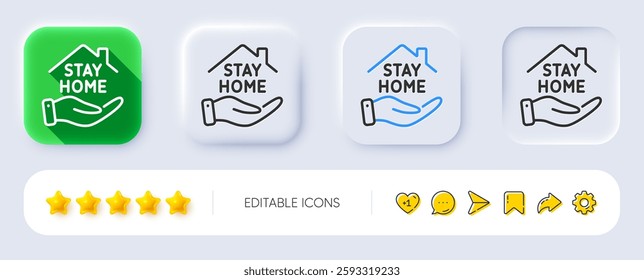 Stay home line icon. Neumorphic, Flat shadow, 3d buttons. Coronavirus pandemic quarantine sign. Save lives symbol. Line stay home icon. Social media icons. Vector