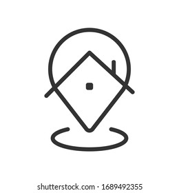 Stay home location icon. House and position pointer symbol. Stayhome campaign.