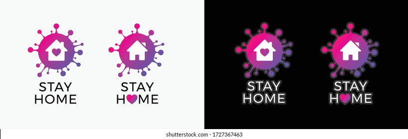 Stay home logo icon sticker for COVID-19 virus social media campaign. Coronavirus, COVID 19 protection logo with virus, house and heart - vector logo isolated on white and black backgrounds. 