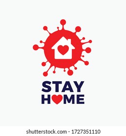 Stay home logo icon vector - red corona COVID 19 virus with house icon and heart inside and Stay Home text - vector illustration isolated on white background