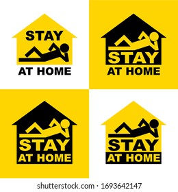 Stay at home logo. Home quarantine icon. Man lays in a home. Logo for self quarantine. Covid-19 prevention. Social distancing.