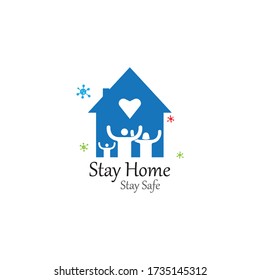 Stay home logo. Stay at home slogan with home and family inside. Stay at home sign. Social Distancing and Self Quarantine. Coronavirus. COVID 19.