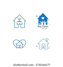 Stay home logo. Stay at home slogan with home and family inside. Stay at home sign. Social Distancing and Self Quarantine. Coronavirus. COVID 19.