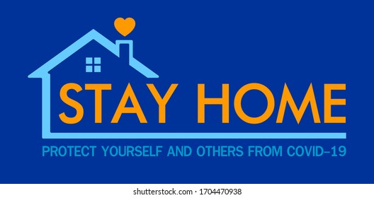 Stay home logo or sticker to stay safe from covid-19 with english typography saying stay home protect yourself and others from COVID-19 on blue background.
