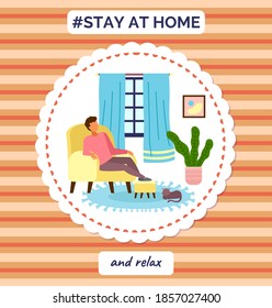 Stay at home and look in window. Quarantine self-isolation at home. Prevention of covid-19 or coronavirus. Virus outbreak. People staying safe, careful. Man sitting at armchair, keeping calm and relax