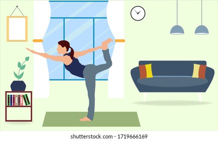 Stay at home, maintain your form and positive. Cute girl doing gymnastics, sports exercises. Training, sports at home. Healthy Lifestyle. Coronavirus prevention, quarantine. Vector illustration eps 10