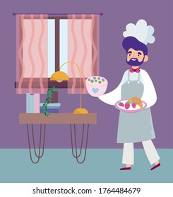 stay at home, male chef with dessert and fruits in room cartoon, cooking quarantine activities vector illustration