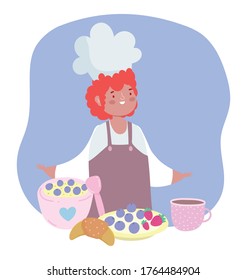 stay at home, male chef with dessert food coffee cup bread cartoon, cooking quarantine activities vector illustration
