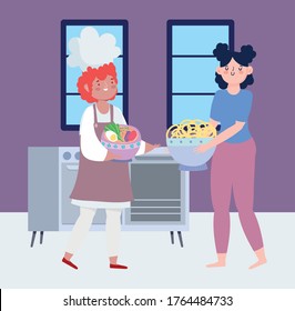 stay at home, male chef and woman with food in hands cartoon, cooking quarantine activities vector illustration