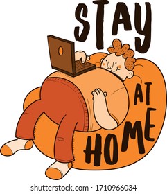 Stay at Home. Man lying on a pouf using the computer