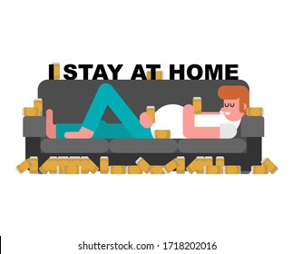 I stay at home. Man on couch is drinking beer. Guy is drinking alcohol. Self isolation mode. Coronavirus pandemic infection. Global epidemic. Corona virus covid 19 lifestyle.  