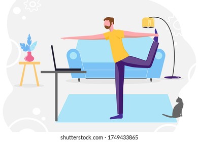 Stay a home. A man practicing yoga at home with a tv lesson. Concept of online education, practicing yoga, live stream. Home activity vector illustration. For web banner, poster, social media