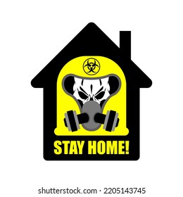 Stay in home. Man in Radiation protective suit in home from nuclear explosion. Future after nuclear war concept. Poster for radioactive apocalypse. 