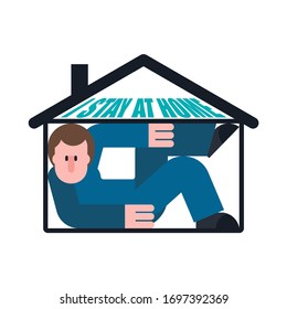 I stay at home. Man is at home. Self isolation mode. Coronavirus pandemic infection. Global epidemic. Corona virus covid 19 lifestyle. Activity that you can do at home so as not to get sick