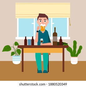 Me quedo en casa. Un hombre en la mesa con diferentes botellas y gafas es beber cerveza. El tipo está bebiendo alcohol. Modo de autoaislamiento. Carácter masculino en casa descansando, sosteniendo una taza con cerveza