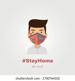 Stay home - man wearing mask in a house shape - COVID 19