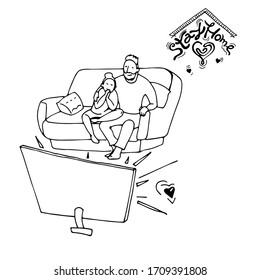 zu Hause bleiben, Mann und Frau Fernsehen zusammen sehen, schwarz-weißes Doodle, Vektorillustration zur Illustration