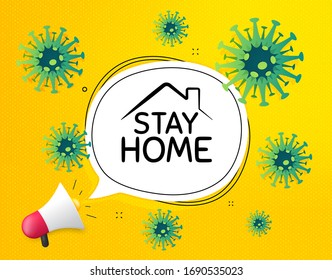 Stay home megaphone bubble. Coronavirus COVID-19 background. Corona virus outbreak. 2019-ncov pandemic. Stop coronavirus disease. Stay at home from corona virus. Quarantine, self-isolation. Vector