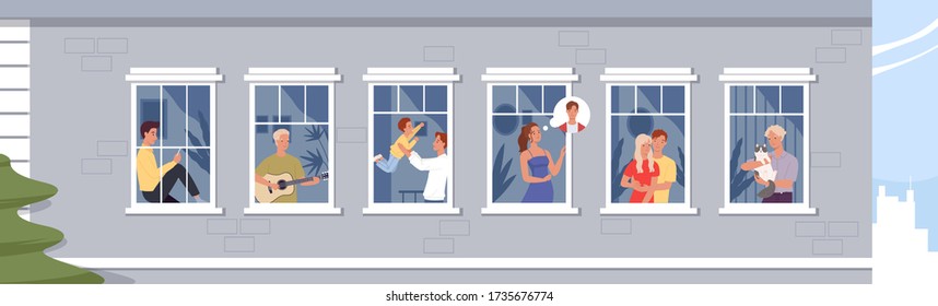 Stay home. Men and women spend time in apartment during pandemic. Families, couples and young people look out of the windows. Vector illustration in a flat style