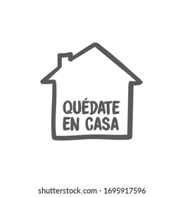 Stay at home message in spanish language, House doodle icon with text