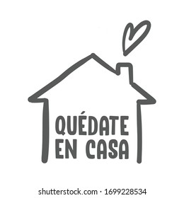 Stay at home message in spanish language, House doodle icon with text