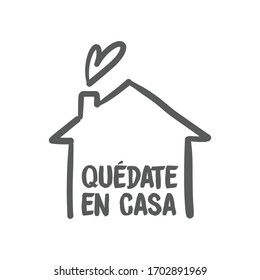 Stay at home message in spanish language, House doodle icon with text