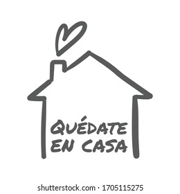 Stay at home message in spanish language, House doodle icon with text