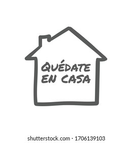 Stay at home message in spanish language, House doodle icon with text