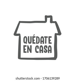 Stay at home message in spanish language, House doodle icon with text