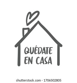 Stay at home message in spanish language, House doodle icon with text