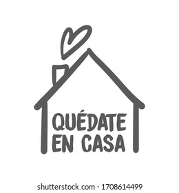 Stay at home message in spanish language, House doodle icon with text