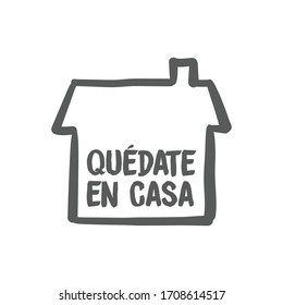 Stay at home message in spanish language, House doodle icon with text