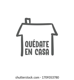 Stay at home message in spanish language, House doodle icon with text