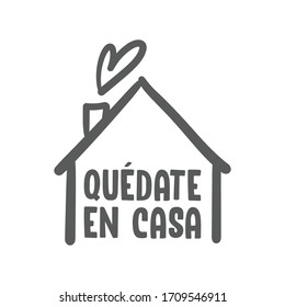 Stay at home message in spanish language, House doodle icon with text