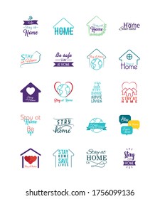 Stay home messages icon set, Lettering typography, Hand letter colorful design over white background, vector illustration