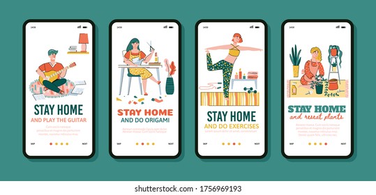 Stay home mobile app poster set with quarantine hobby activities - cartoon people doing art and exercise in isolation lockdown. Vector illustration of onboarding banners.