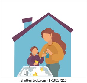 Stay home. Mother washes the girl's hands with liquid soap. Vector illustration mom and daughter. Wash your hands and be healthy. Stay at home