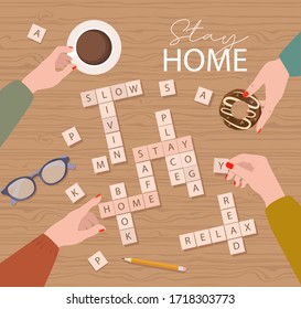 Stay home motivation poster. Spend evening time with friends, Play the game, gather words. Top view process. Lifestyle Vector Illustration.