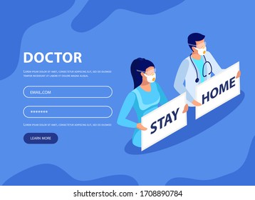 Stay home motivational banner.  Doctors in medicine face masks with posters stay at home during an epidemic.Webpage template. Modern isometric illustration.