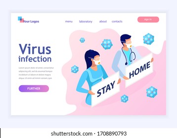Stay home motivational banner.  Doctors in medicine face masks with posters stay at home during an epidemic.Webpage template. Modern isometric illustration.