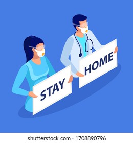 Stay home motivational banner. Doctors, nurses and medical staff holding poster requesting people avoid Coronavirus and Covid-19 spreading by staying at home. Modern isometric illustration.