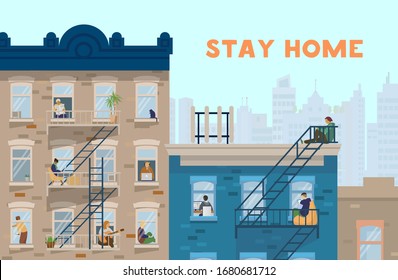 Stay home motivational banner. People in windows staying home due to quarantine , working, studying, playing guitar, reading. Brick houses front. Flat vector illustration.