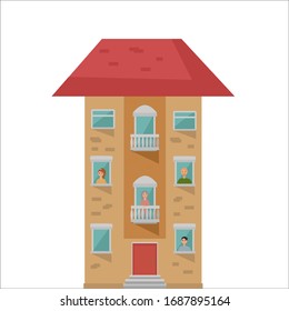 Stay home motivational banner. People in Windows are sitting at home because of the quarantine. Flat vector illustration.