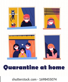 Stay home motivational banner. People in windows staying home due to quarantine , working, studying, playing guitar, reading. Brick houses front.