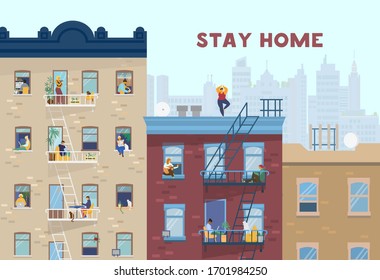 Stay home motivational banner. People in windows staying home due to quarantine, working, studying, playing guitar, doing fitness, cooking, reading. Brick houses front. Flat vector illustration.