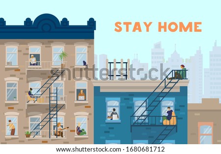Stay home motivational banner. People in windows staying home due to quarantine , working, studying, playing guitar, reading. Brick houses front. Flat vector illustration.